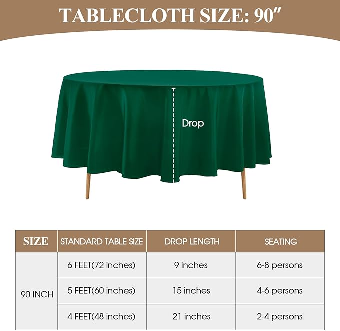 Round Tablecloth 6 Pack 90 Inch Dark Green Tablecloths Washable Decorative - Image 6