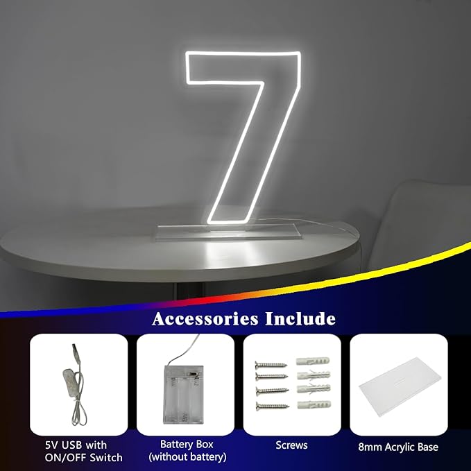 Number 7 Neon Sign for Birthday, 16.54" Cool White USB Battery Powered Led Neon - Image 4