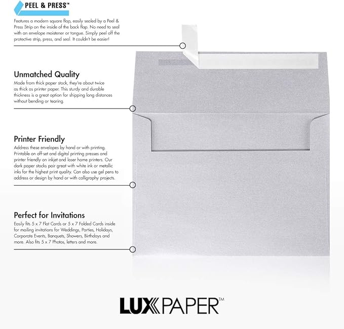 LUXPaper A7 Invitation Envelopes | Peel & Press | 5 1/4" x 7 1/4" | Silver - Image 2