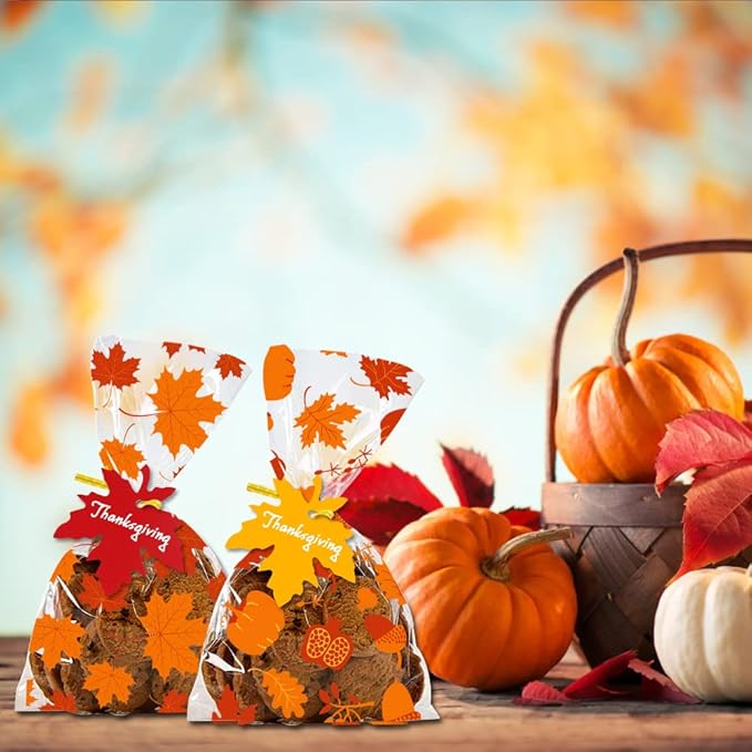 YUJUN 120 PCS Fall Cellophane Treat Bags, Maple Leaves Gift Goodie Candy Autumn - Image 4