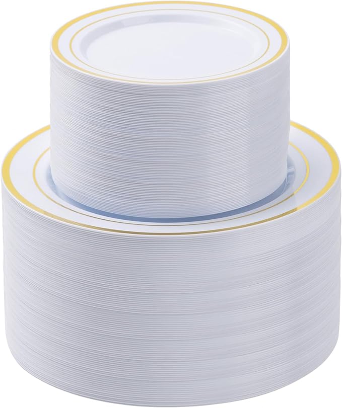 200PCS Gold Plastic Plates Set, 100 10.25 inch Dinner Plate and 100 7.5 inch by BESTSTAR