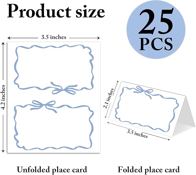 25 Pack Blue Bow Wave Place Cards, Editable Name Cards - Image 2