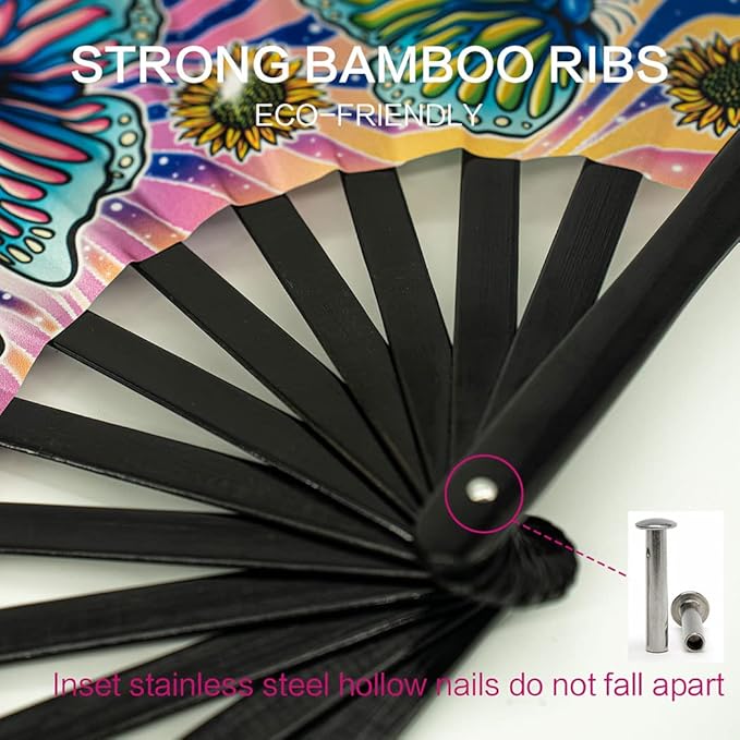13" Large Rave Fan Bamboo, Folding Clack Hand Fans Foldable - Image 3