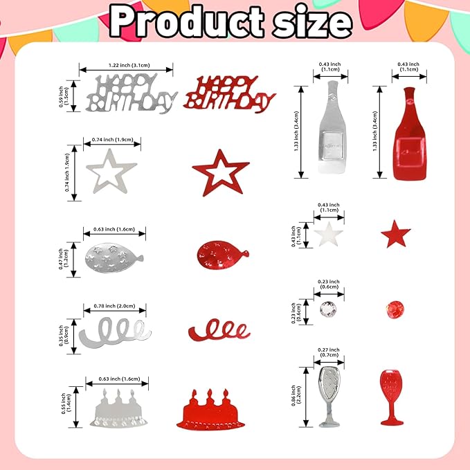 VHUWE Happy Birthday Confetti, 1.6 oz Red Silver Cake Balloon Star Goblet - Image 2