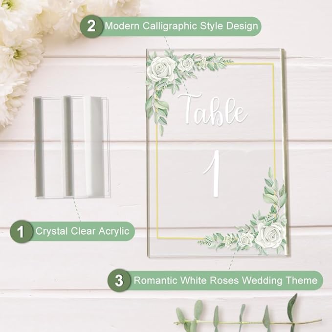 OurWarm White Rose Acrylic Wedding Table Numbers 1-20, 4x6 Inch Printed - Image 4