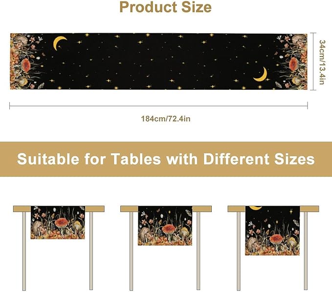 Mushroom Kitchen Table Runner, Gothic Moon Star Plants Witchy Moonlit Flower - Image 3