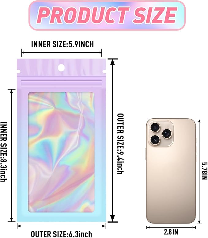 Funfery 100 Pack Gradient Holographic Bags, Mylar Resealable Bags - Image 2