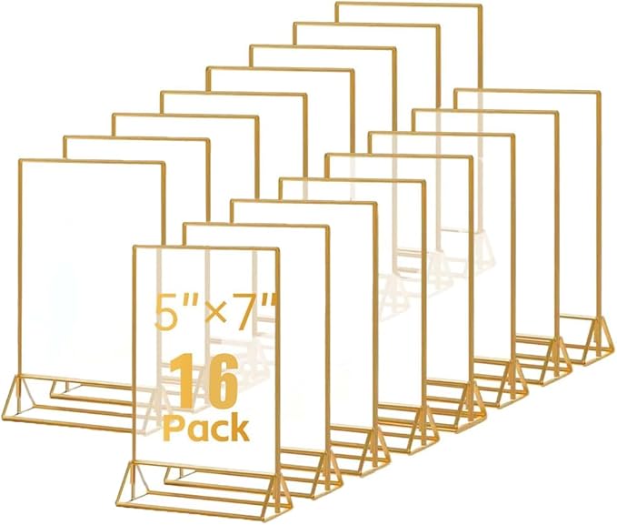 16 Pack Gold Acrylic Sign Holder, 5x7 Inch Picture Frames Wedding Double Sided by Adboros