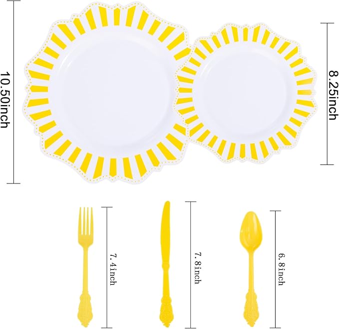 COLOSUS 150pcs Disposable White Lemon Yellow Striped Plastic Party Plates and - Image 2