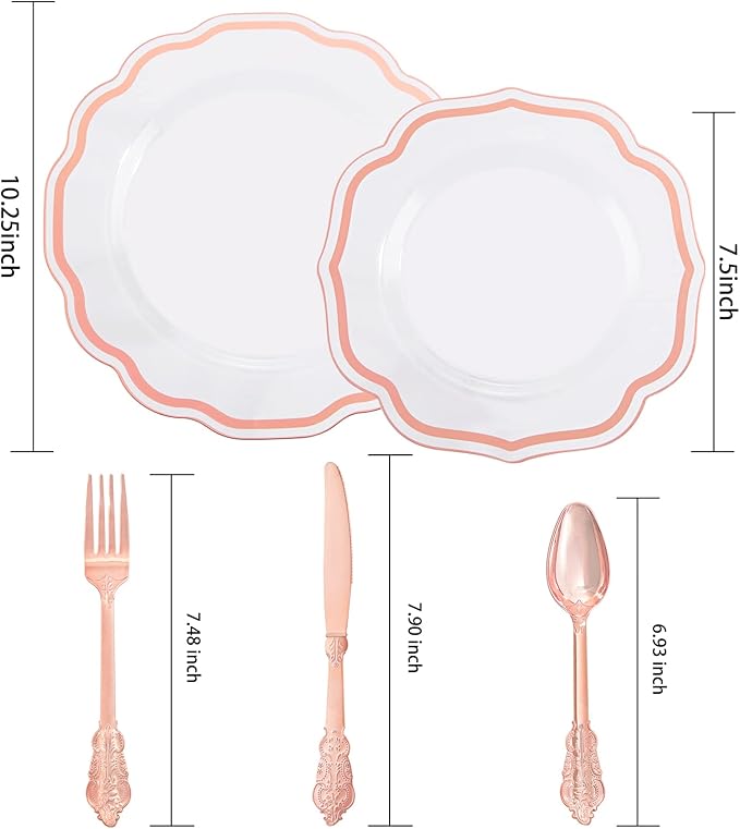 NOCCUR 150PCS Rose Gold Plastic Plates&Rose Gold Silverware-Include 30Dinner - Image 3