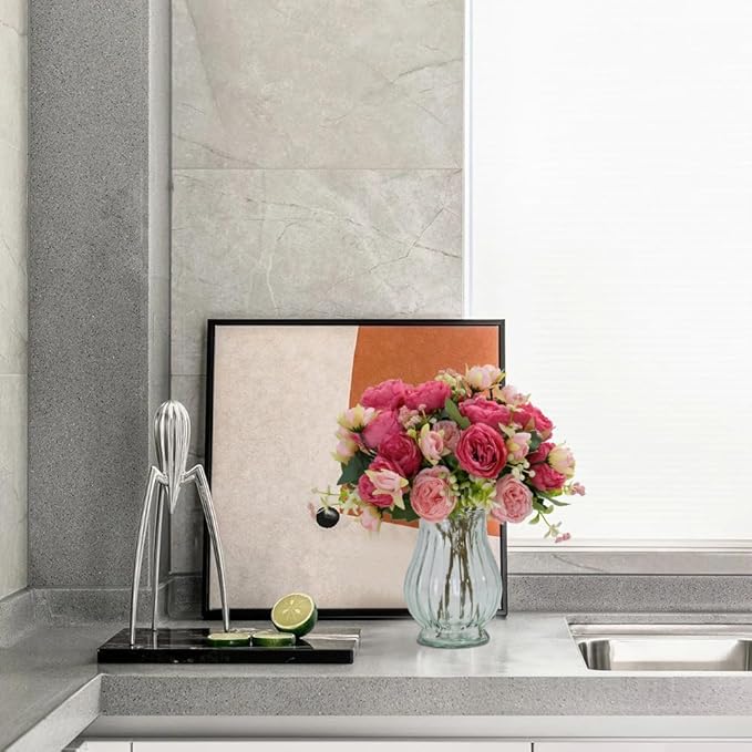 Artificial Peonies Silk Flowers in Glass Vase Faux Flowers Bouquets Modern - Image 7