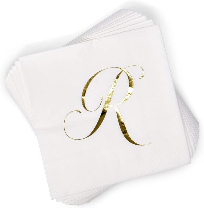 Gift Boutique 100 Gold Monogram Cocktail Napkins Letter R Disposable Paper Pack - Image 6
