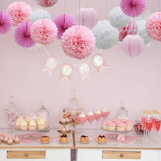 16pcs Pink Party Decorations Paper Pom Poms Honeycomb Balls Lanterns Tissue Fans - Image 3