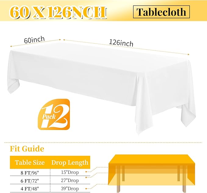 12 Pack 60 x 126 Inch Tablecloth Rectangle, Washable Fabric Table Cover - Image 2