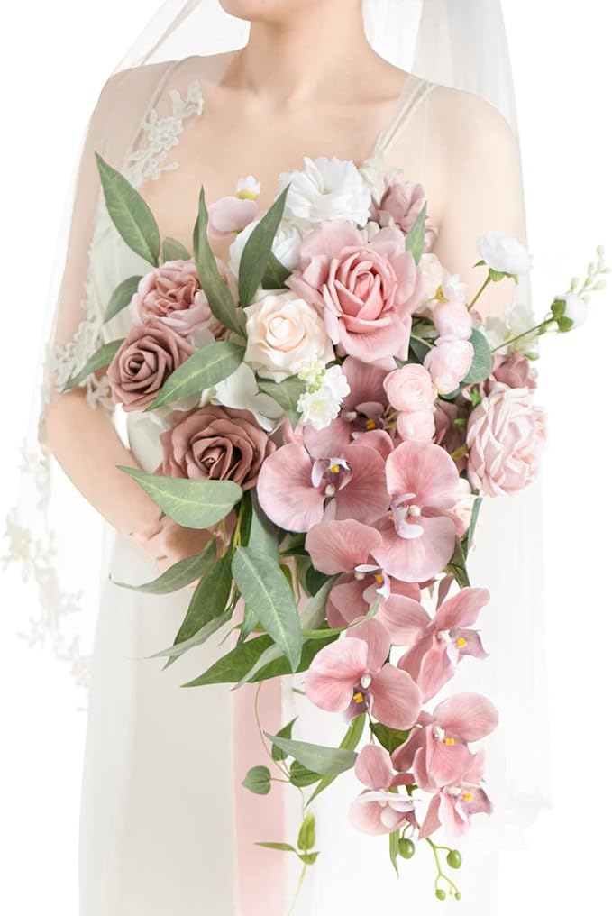 Ling's moment Dusty Rose Bridal Bouquet Cascading, 15 Inch Bride Bouquet by LingsMoment