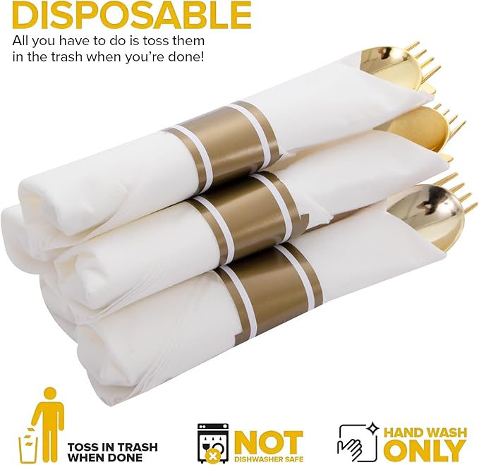50Guests Pre Rolled Gold Plastic Silverware Sets - Image 8