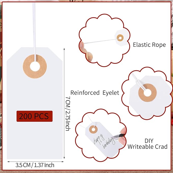 200 Pack White Blank Tags with Elastic String Marking Hang Tags Attached - Image 2