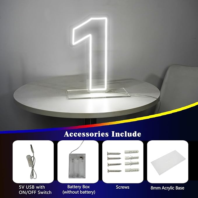 Number 1 Neon Sign for First Birthday, 16.54" Cool White USB Battery Powered - Image 4