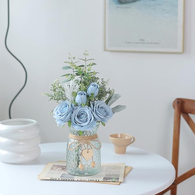 Faux Flowers with Vase, Artificial Silk Roses in Vase, Fake Plant Eucalyptus - Image 5