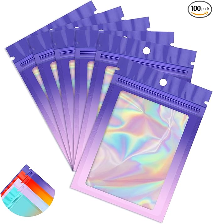 Funfery 100 Pack Holographic Bags, Resealable Bag by FUNFERY