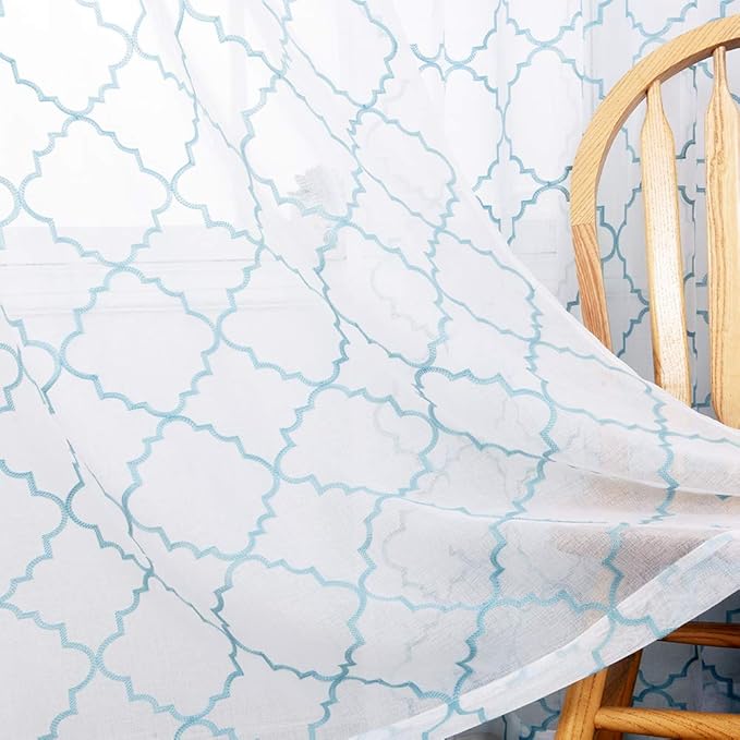 Blue Sheer Curtains 84 Inches Long, Moroccan Embroidered Rod Pocket Sheer Drapes - Image 4