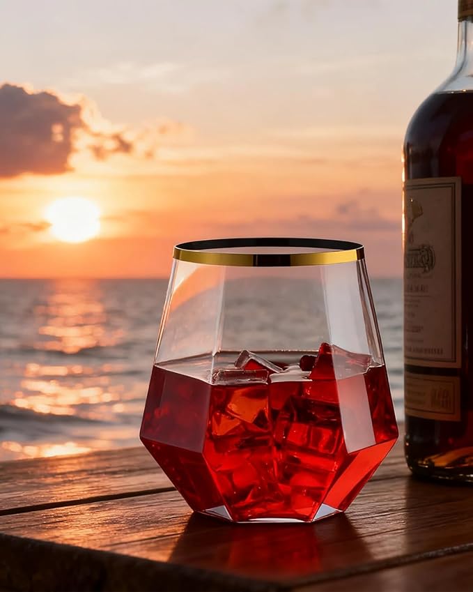 40 PCS Clear & Gold Rim 12 Oz Plastic Wine Whiskey Glasses, Diamond Stemless - Image 4