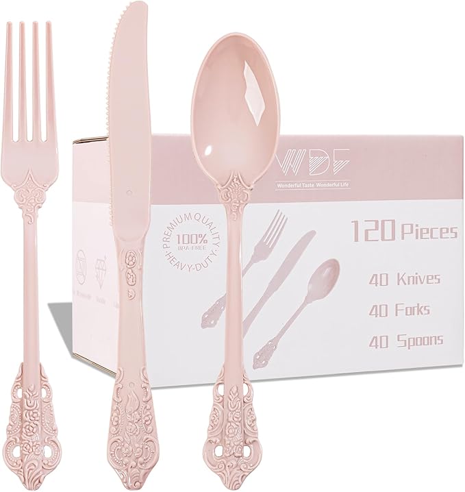 WDF 120 Pieces Heavy Duty Pink Plastic Silverware by WDF