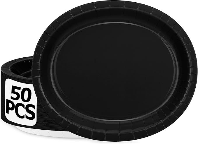 QZYL 50 Count Black Large Paper Plates, 12.2'' X 10.2'' Oval Disposable Plates by QZYL