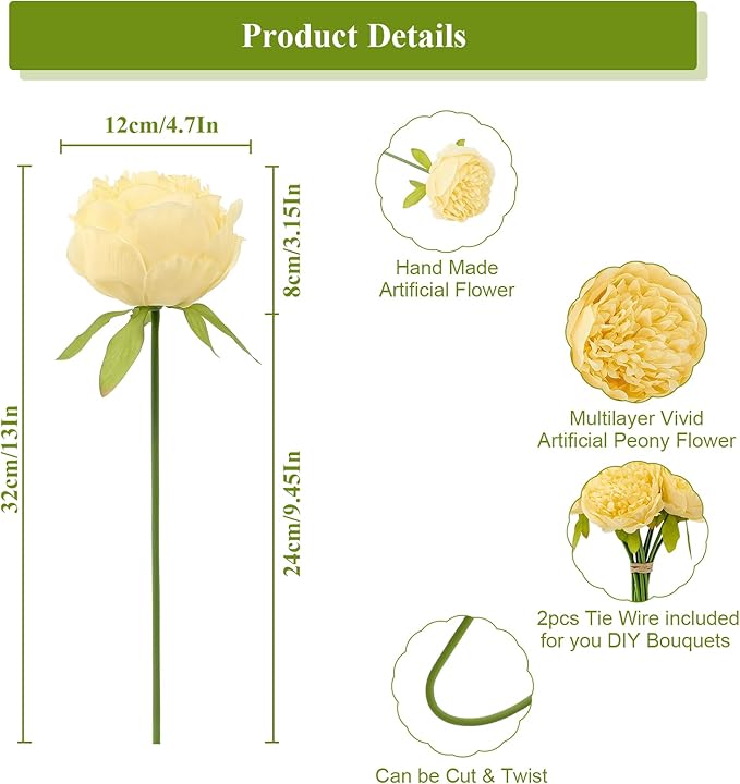 U'Artlines 10 Heads Artificial Peony Silk Flower Leaf Home Office Wedding Party - Image 3