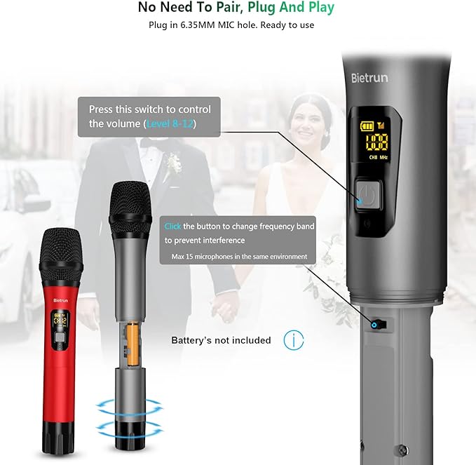 Bietrun Wireless Microphone, Professional UHF Metal Dual Handheld Cordless - Image 5