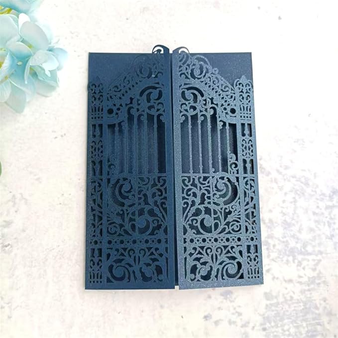 MillaSaw Navy Blue Wedding Invitation Gate Laser Cut Card Marriage Engagement - Image 2