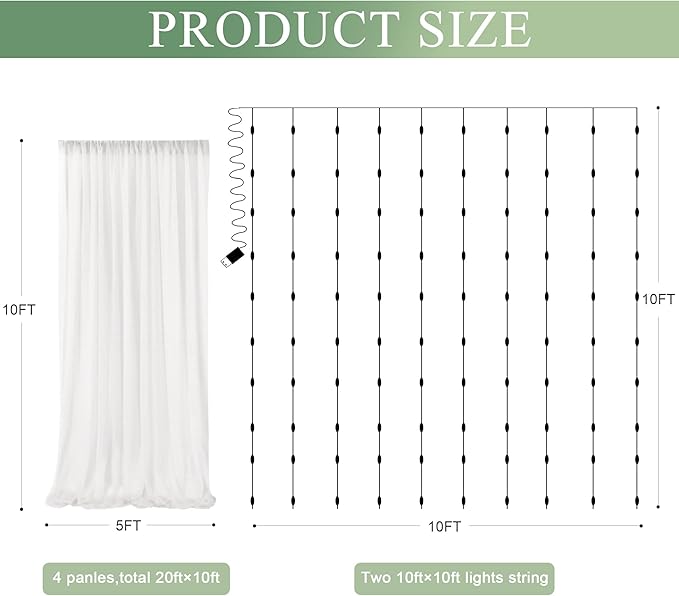 Tulle Backdrop Curtain with Lights String 20 X 10FT Ivory Sheer Tulle Backdrop - Image 2