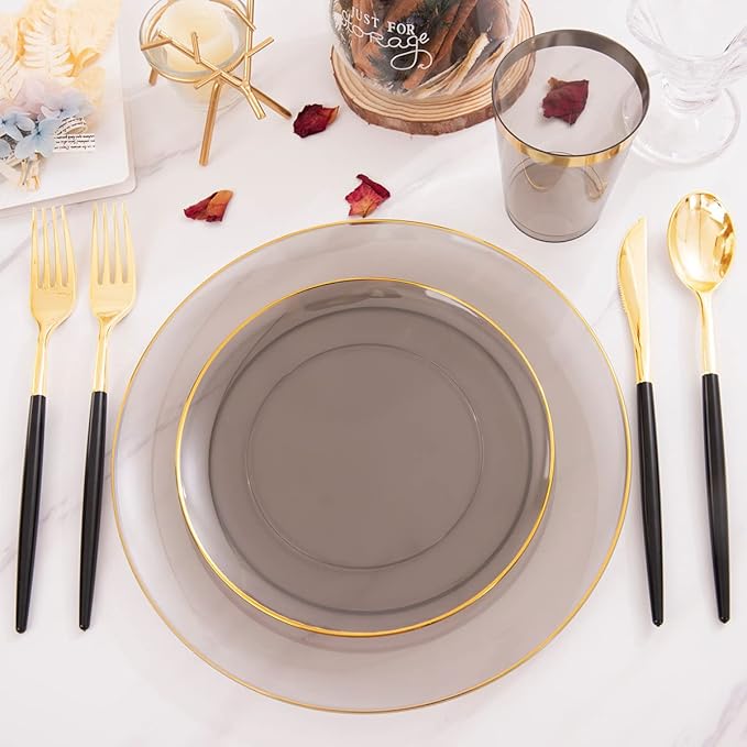Supernal 180pcs Black Plastic Dinnerware Set Include Gold and Black Plates - Image 7