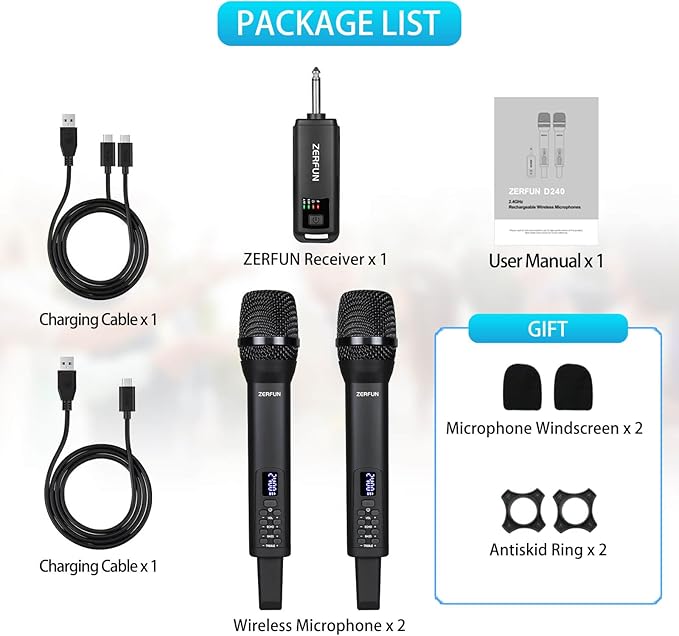 Rechargeable Wireless Microphones Dual, Pro Handheld Cordless Mics System - Image 7