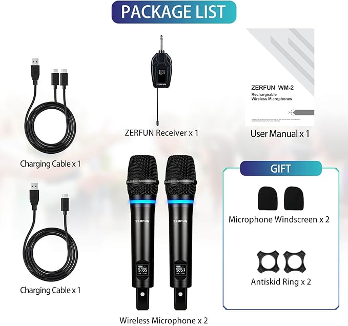 2 Channel Rechargeable Wireless Microphone System, Pro UHF Metal Handheld - Image 7