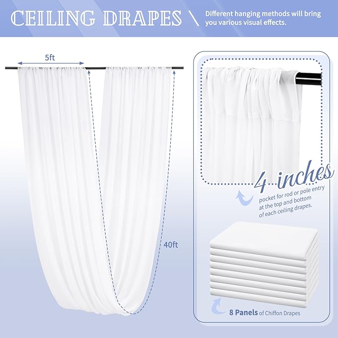 8 Panels White Ceiling Drapes for Wedding 5ftx40ft Sheer Drapery Chiffon Fabric - Image 2