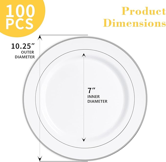 N9R 100PCS Silver Plastic Plates, 10.25 inch White Disposable Dinner Plate - Image 2