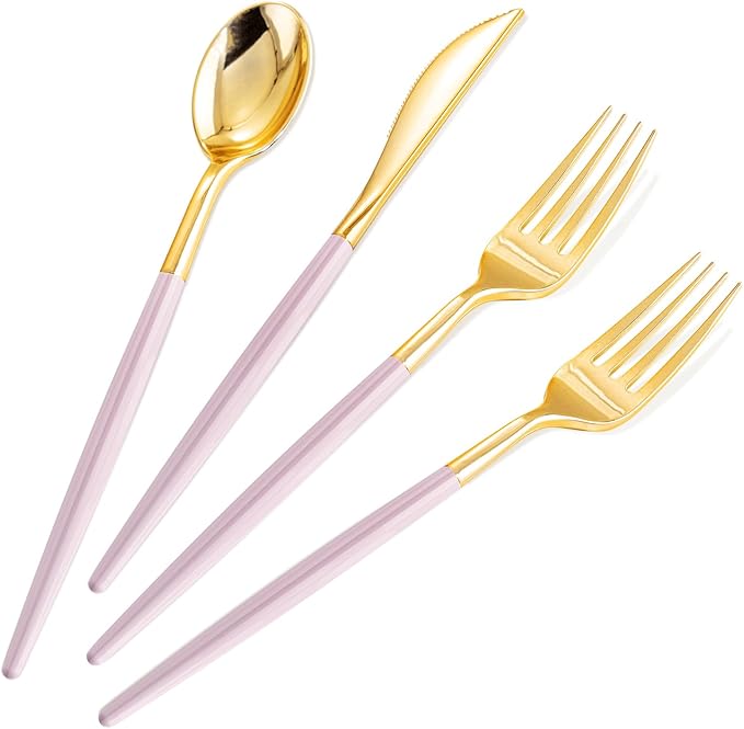 SUT 160Pcs Pink and Gold Plastic Silverware, Heavy Duty Plastic Silverware by SeeYouTomorrow