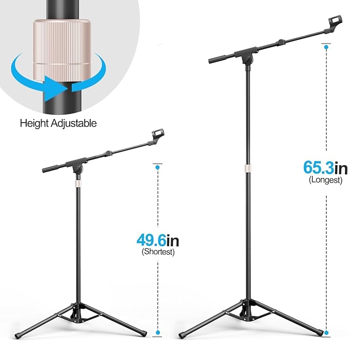 Mic Stand with Boom Arm, Heavy Duty Tripod Microphone Stand Floor Holder Height - Image 3