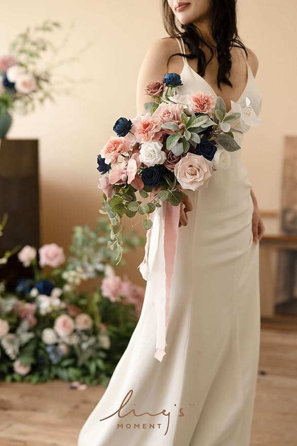 Ling's moment Dusty Rose Navy Blue Bridal Bouquet Cascading, 15 Inch Silk - Image 4