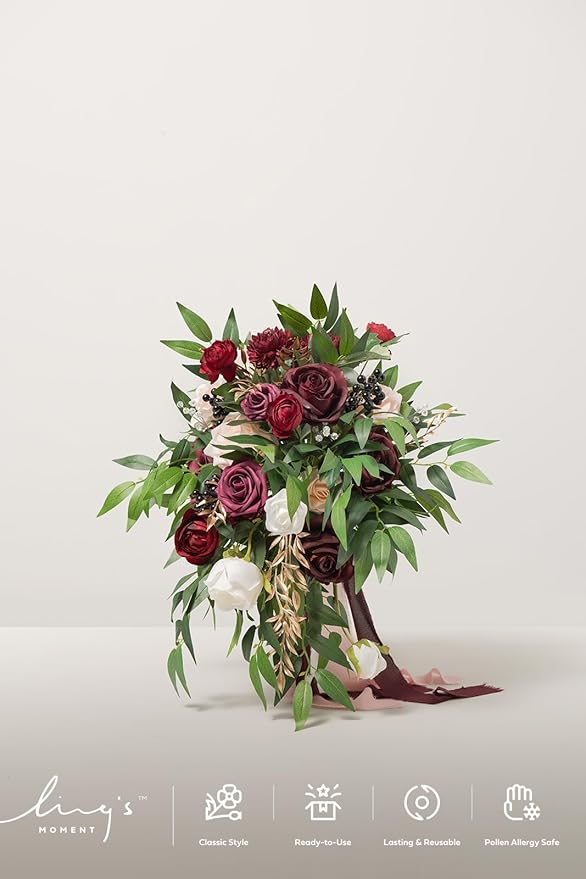 Ling's moment Burgundy Bridal Bouquet Cascading, Marsala Wedding Bouquets - Image 2