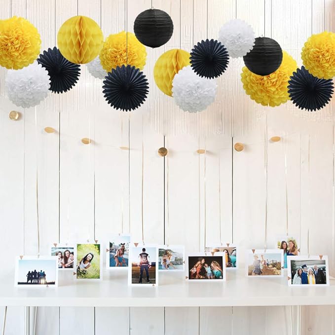 Yellow White Black Party Decorations 16pcs Paper Pom Poms Honeycomb Balls - Image 6