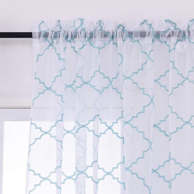 Blue Sheer Curtains 84 Inches Long, Moroccan Embroidered Rod Pocket Sheer Drapes - Image 3