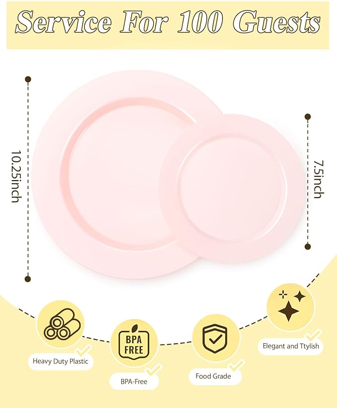 200PCS Pink Plastic Plates Set, 100 10.25 inch Dinner Plates and 100 7.5 inch - Image 2