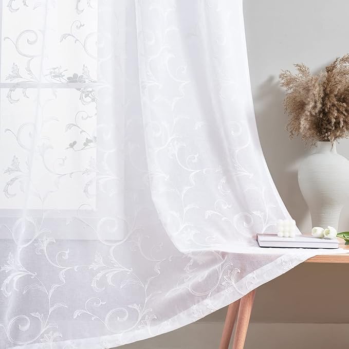 Sheer Curtains White 95 Inches Vintage Embroidered Floral, Window Treatments by MYSTIC-HOME