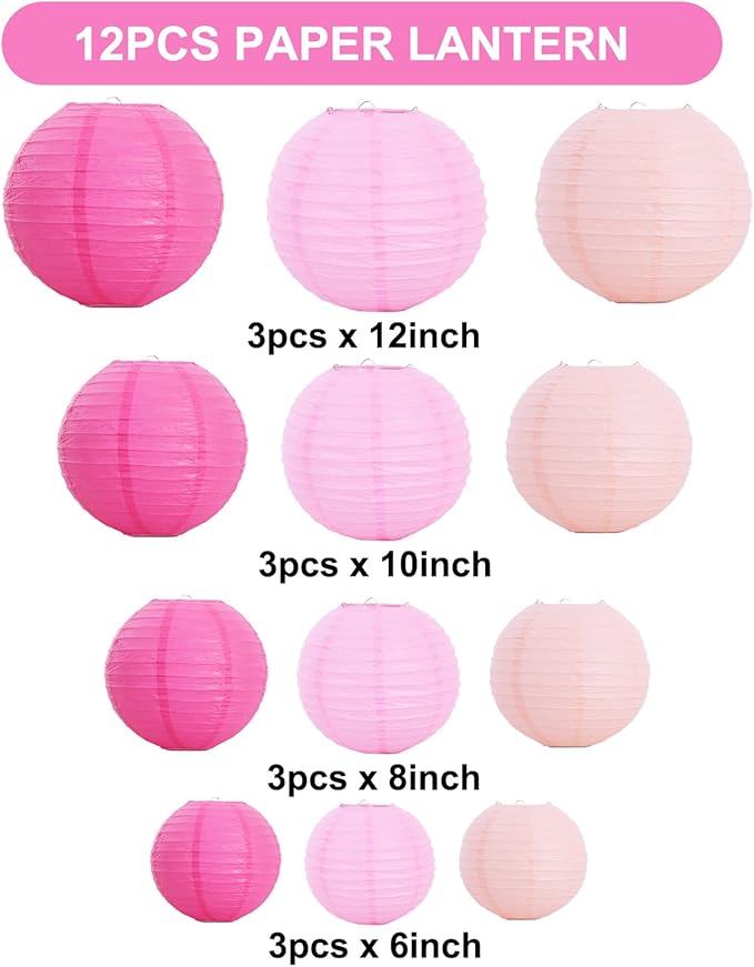 BEISHIDA 12 Pcs Pink Mix Paper Lanterns, Hanging Decorative Chinese Japanese - Image 2