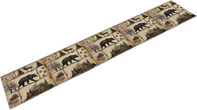 Rustic Cabin Table Runner, Retro Moose Cone Deer Bear Farmhouse Lodge Table - Image 2