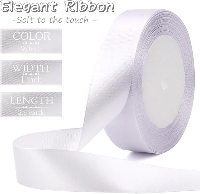 White Solid Satin Ribbon 1 Inch 25 Yards Solid Polyester Fabric Ribbon - Image 2