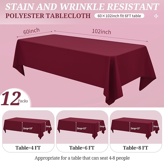 12 Pack Burgundy Tablecloths for Rectangle Tables 60 x 102 Inch Polyester - Image 2