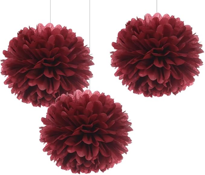 12" Burgundy Tissue Pom Poms DIY Hanging Paper Flower Balls by WEVEN
